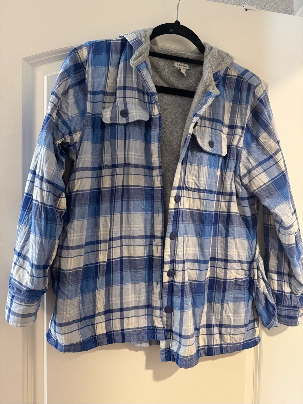 L.L.Bean Womenβs Petite XS Plaid Hooded Button-Up Fleece Lined Jacket Pockets
